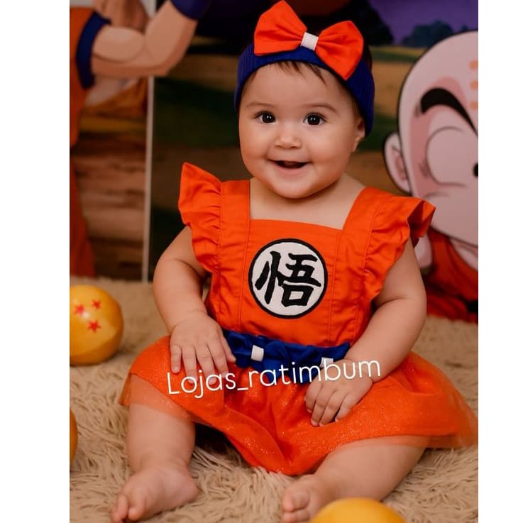 DRAGON BALL ROMPER DE BEBÊ MENINA FANTASIA MESVERSÁRIO GOKU, FESTA, BODY TEMÁTICO