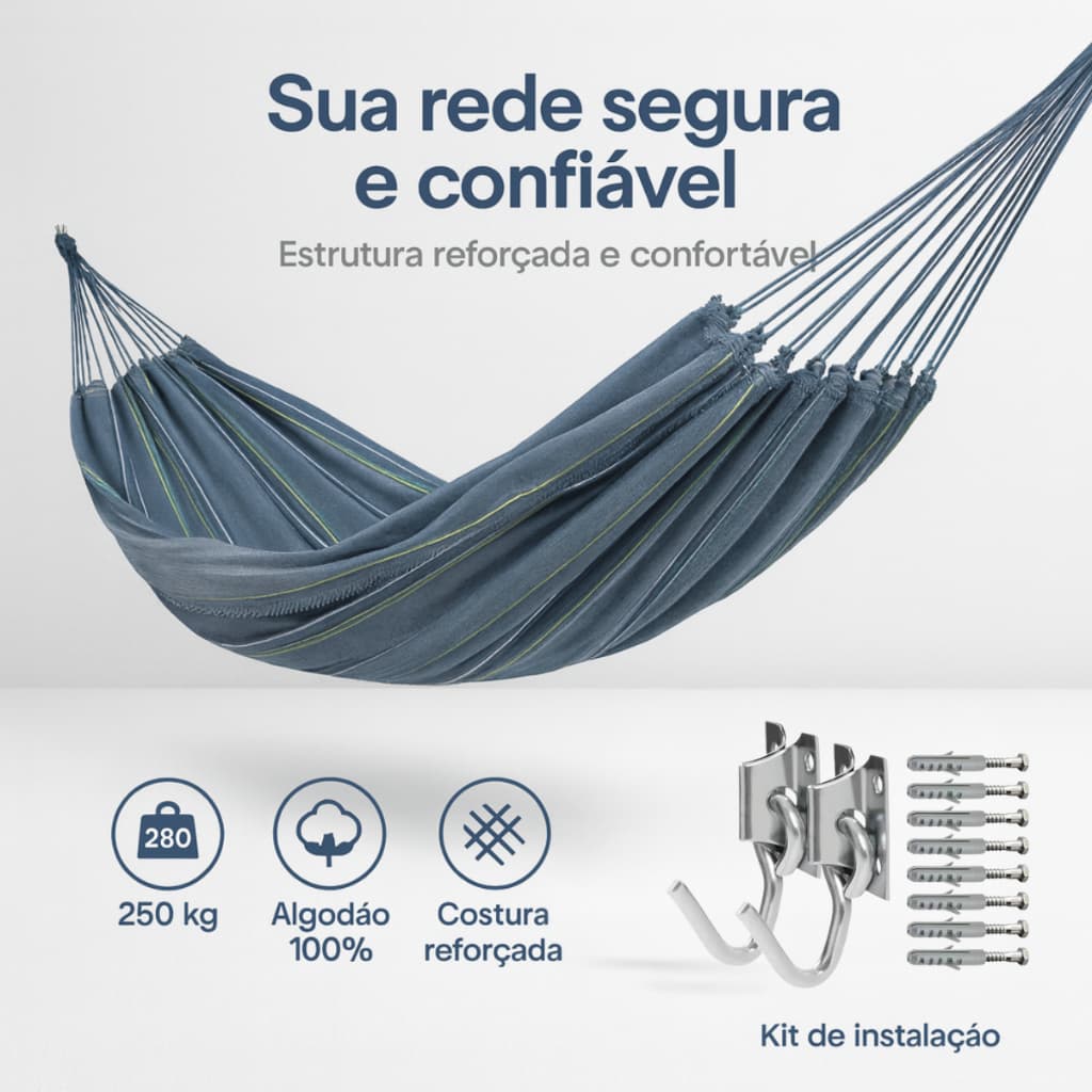 Kit com Rede de Descanso Cinza + 1 PAR de Ganchos de Parede – Suporta até 200kg