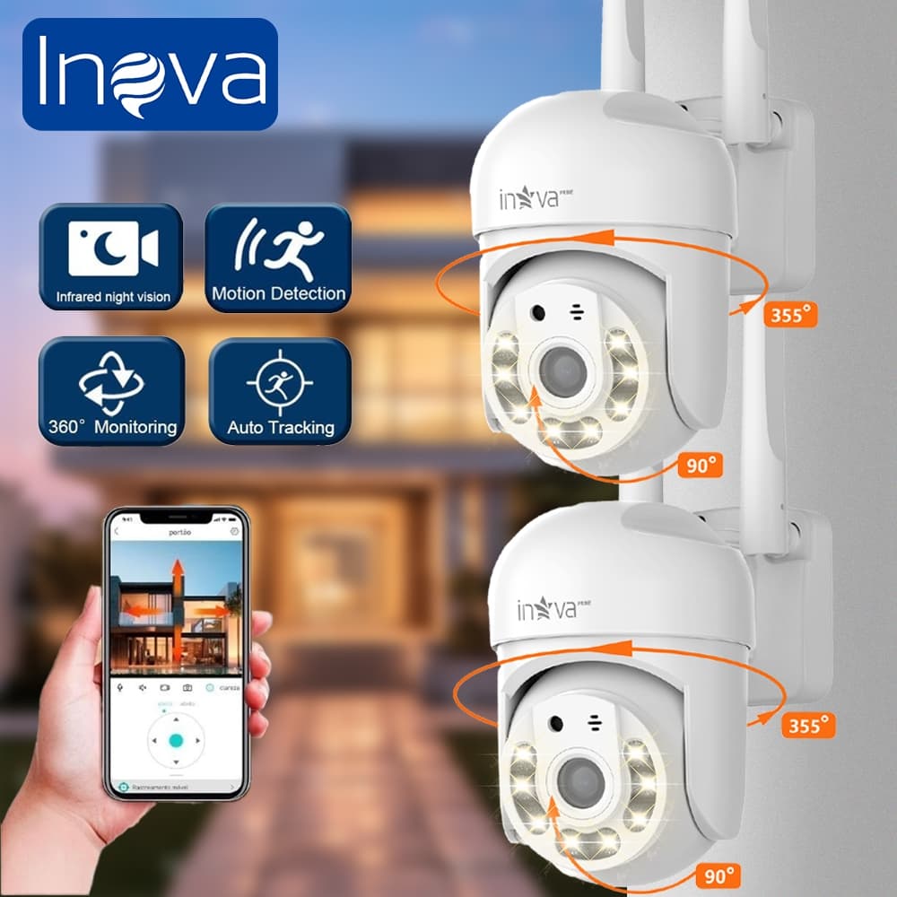 INOVA Câmera de Segurança À Prova D'água Externa/Interna  Gira 360°  Full HD  Áudio Bidirecional Wi-Fi (2.4G/5G)
