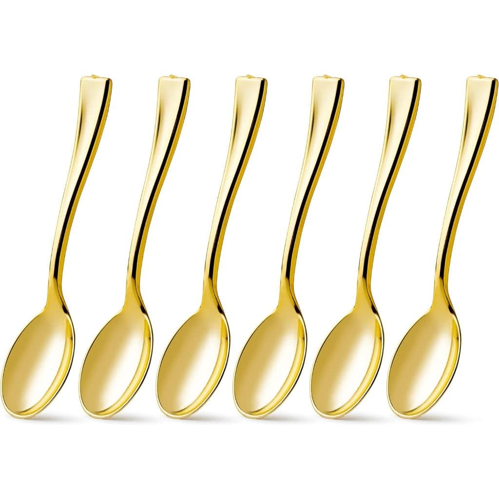 Colheres de sobremesa mini descartáveis de plástico dourado com 9,8cm, 50/100 unidades de colheres mini resistentes