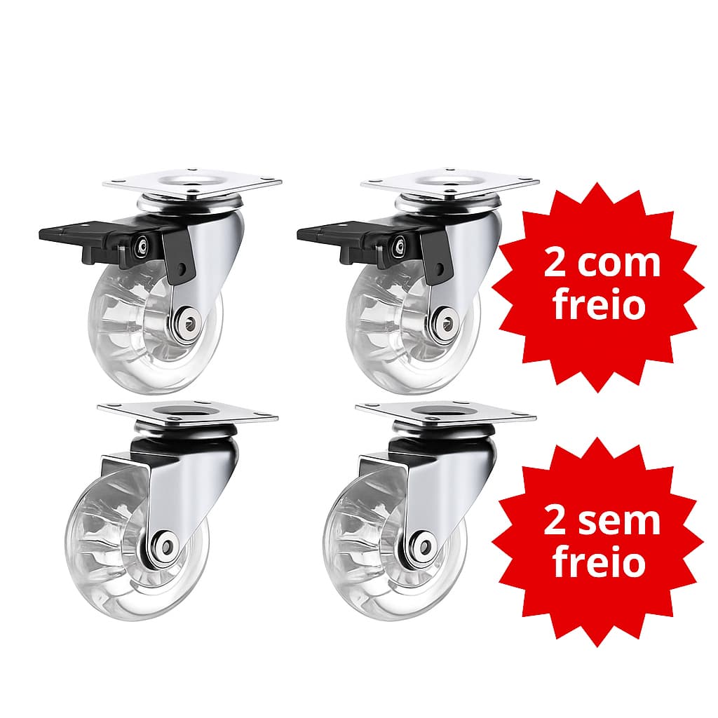 Kit 4 Rodízios Rodinha Silicone Giratório 50MM Sendo 2 Com Freio e 2 Sem Freio