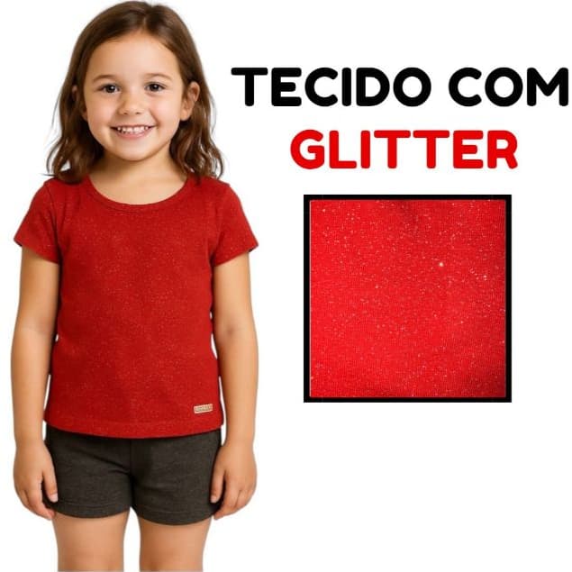 Blusa Com Brilho Manga Curta Infantil Menina 100% Algodão Do 1 Ao 16