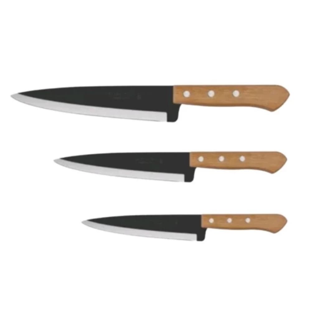 Kit 3 Facas Cozinha Aço Carbono Cabo de Madeira Tramontina