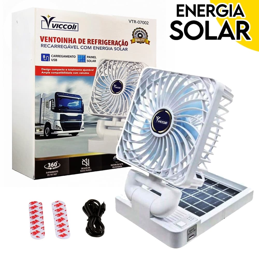 Ventilador Recarregável 03 Velocidades Com Adesivo Fixador Placa Solar e USB Portátil