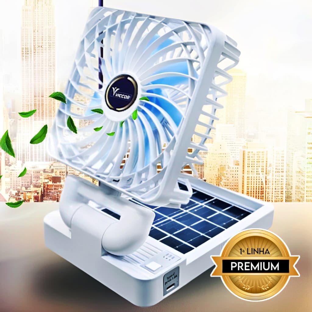 Ventilador Portátil Solar e USB Recarregável Dobrável 3 Velocidades Para Carro Camping