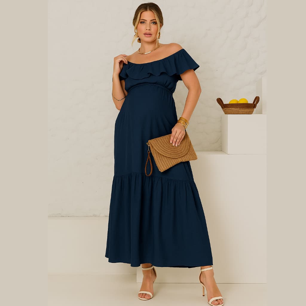 Vestido Gestante Longo Ciganinha Leve e Fluído Final de Ano Verão