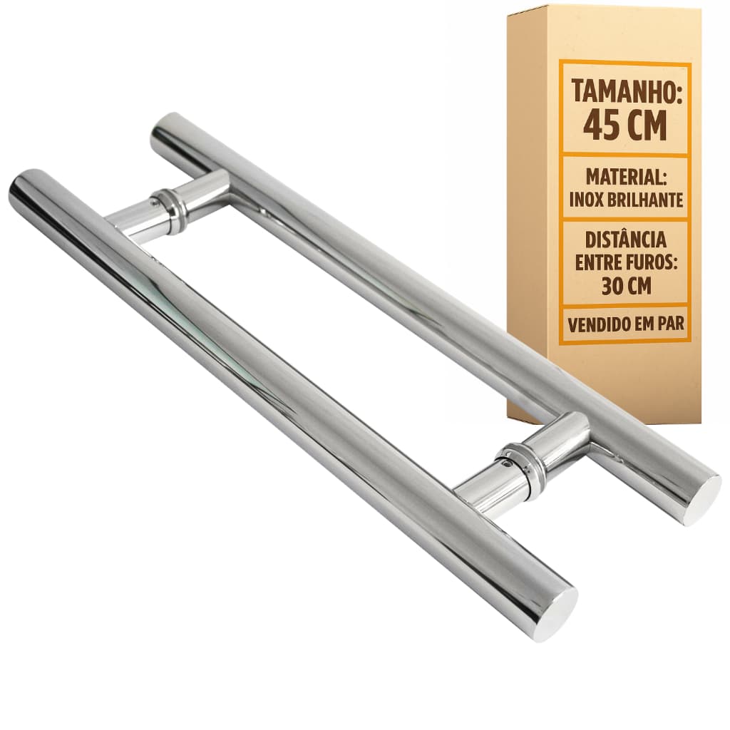 Puxador Aço Inox 304 45cm  (30 entre furos) Polido para Porta Pivotante Madeira e Vidro Metal