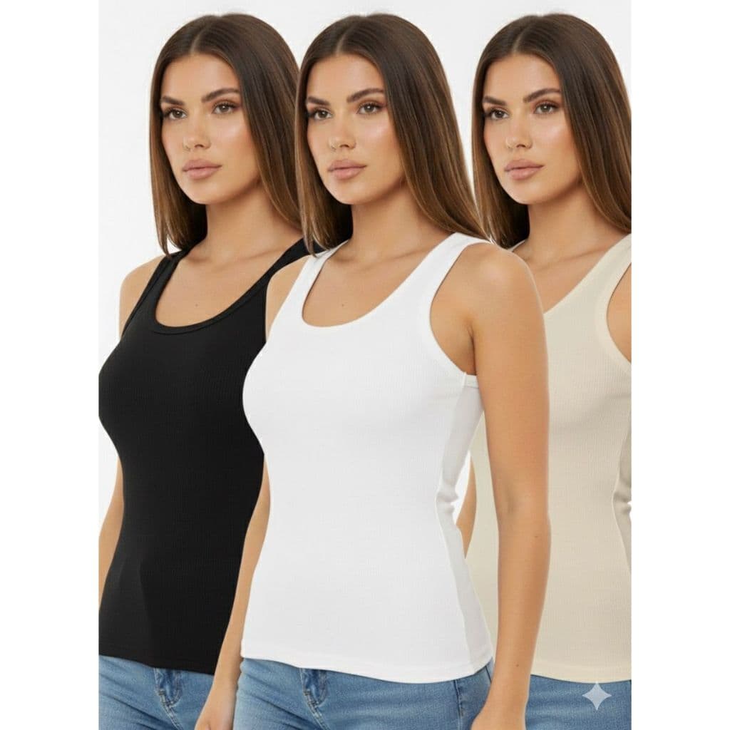 KIT com 3 Regatas Canelada Feminina Tecido Macio Leve Peça Coringa Para o Dia a Dia