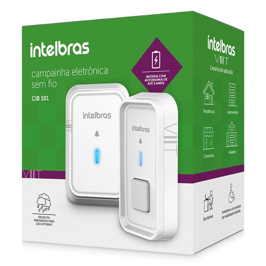 Campainha Sem Fio Wireless SOS Plug Play 5 Toques Alcance 100m cib 101 cib101 Intelbras Branco