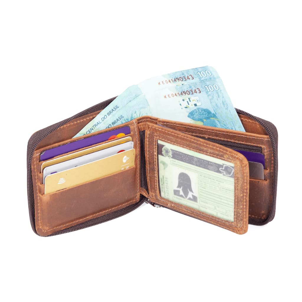 Carteira Grande em Couro Modelo Masculina Porta Cartão Dinheiro Fecho Ziper