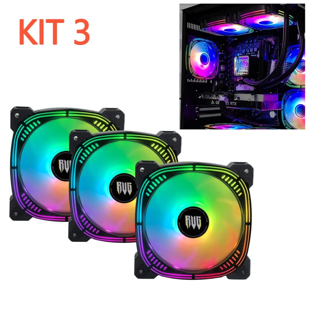 Kit 3 Cooler Fan LED Rainbow Gamer G-VR336 Fan RGB CPU 12V, 1500 RPM, Suporte Intel/AMD, 3-Pin