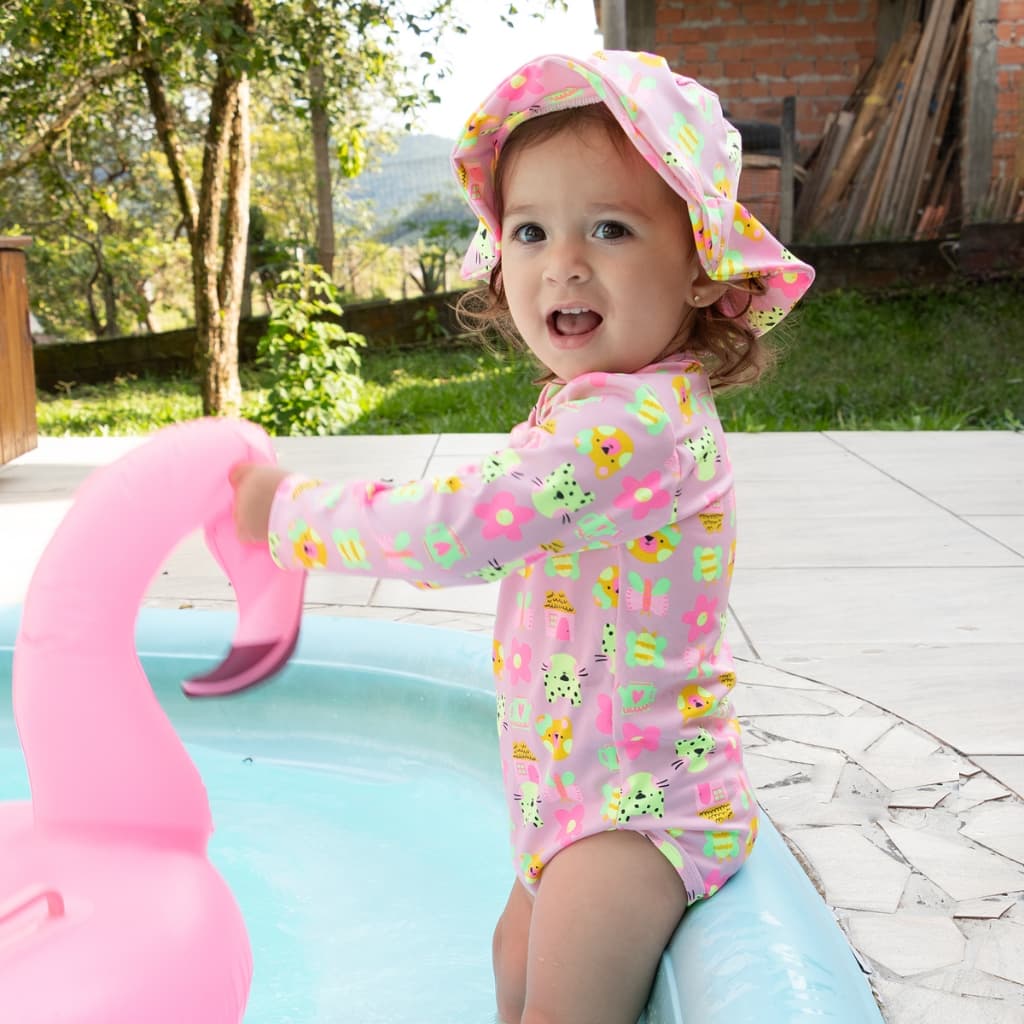 Kit Praia Body Manga Longa com Chapéu com Proteção UV50+ Menina e Menino Maiô Natação