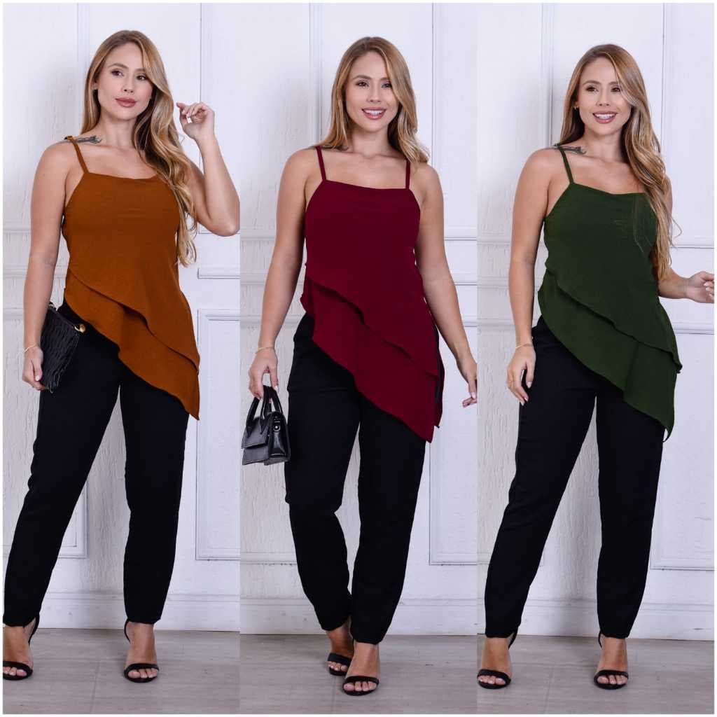 Regata Feminina Assimétrico Cruzada Com Alça No Tecido Duna Social Verão