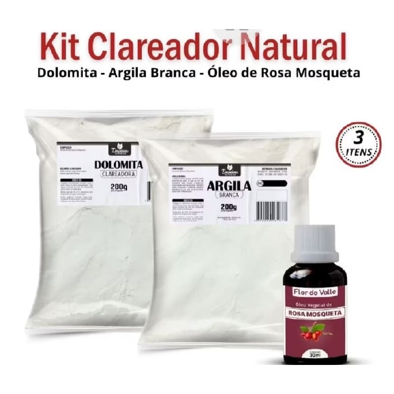DOLOMITA Clareadora 200g + Argila branca 200g + Óleo de Rosa MOSQUETA Rubignosa 30ml