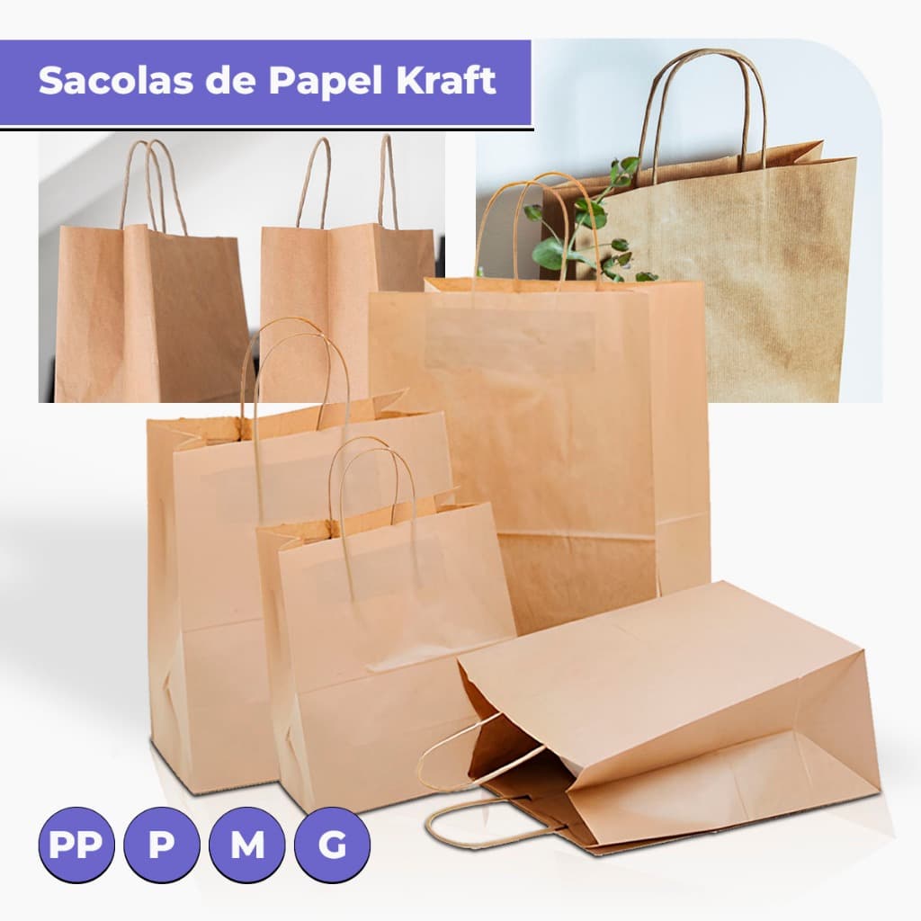 Sacola Kraft Natural PP / P / M / G Embalagem Delivery Ifood Festa Aniversario Presente Lembrancinha