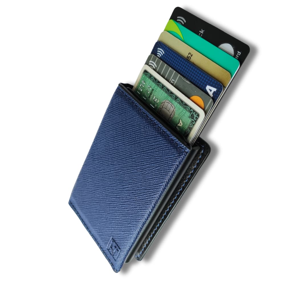 Carteira Masculina Azul Porta Cartão Antifurto Slim Feminina Rfid Couro PU Fibra Exclusive Safira