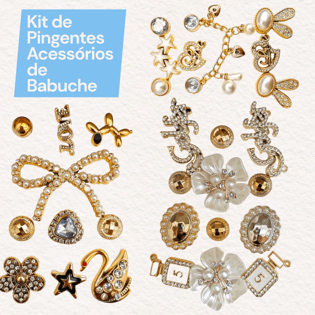 Kit Bottons Charm Pingente para Babuche Strass Luxo Correntes e+ Pins em ABS e Metalizados