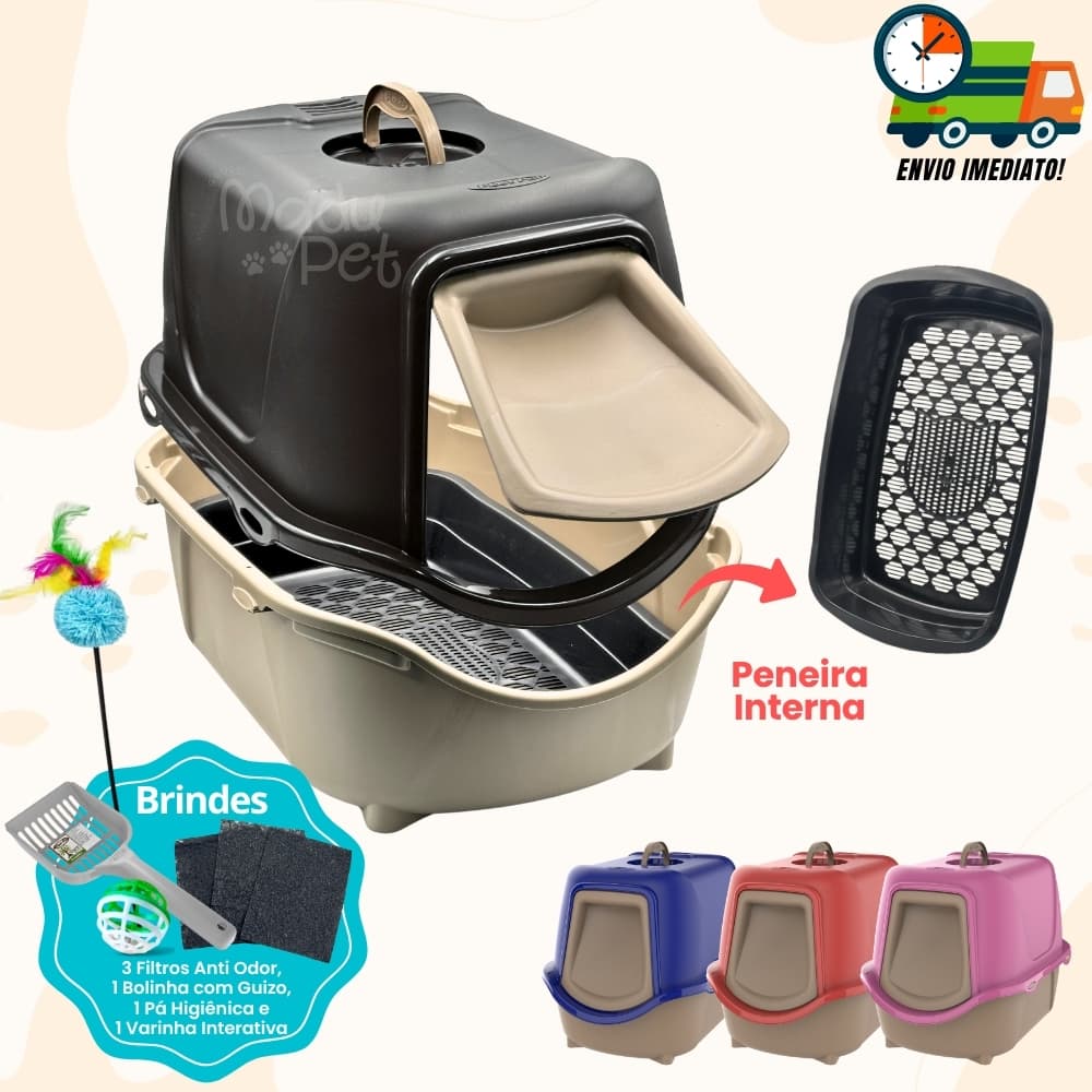 Caixa de Areia Fechada Para Gatos c/ Peneira Interna + Pá e Filtro Anti Odor Envio Imediato Promoção