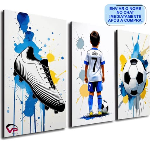 Quadros decorativos azul futebol masculino criança menino chuteira nome personalizavel para quarto