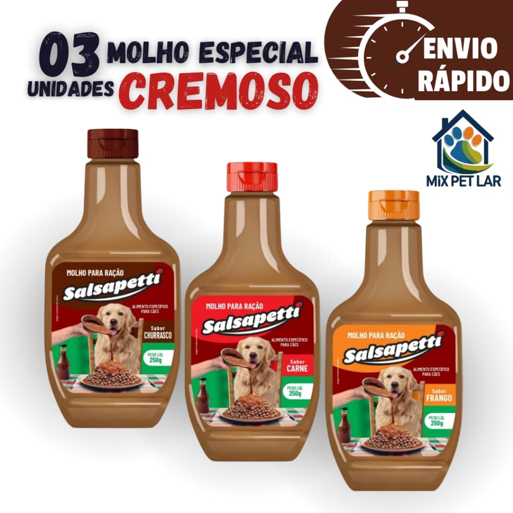 KIT 3 UNIDADES MOLHO ESPECIAL PARA RAÇÃO CÃES SALSAPETTI CREMOSO 250G VÁRIOS SABORES