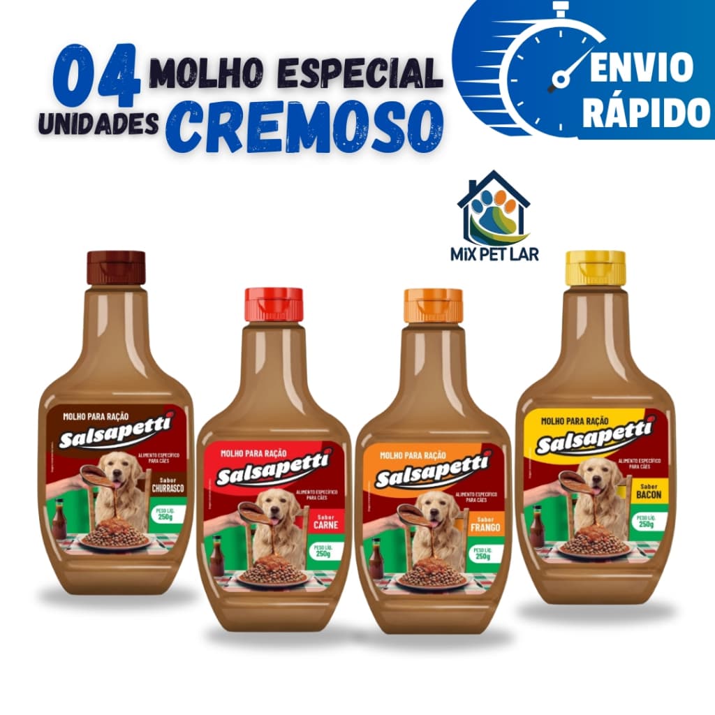 KIT 4 UNIDADES MOLHO ESPECIAL PARA RAÇÃO CÃES SALSAPETTI CREMOSO 250G VÁRIOS SABORES