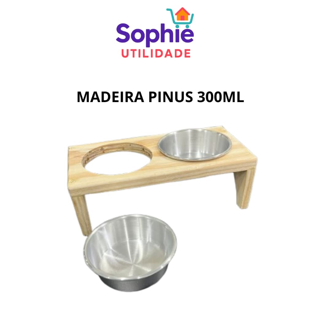 Comedouro Bebedouro Madeira Pinus Duplo Alumínio Cachorro Gato Filhote 300ml