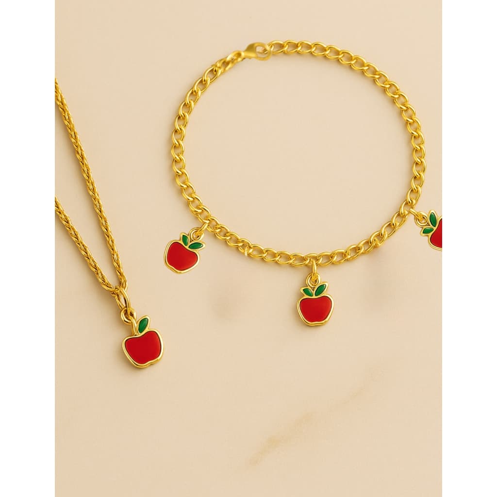 Conjunto Infantil Colar e Pulseira de Maça Banhado a Ouro 18k