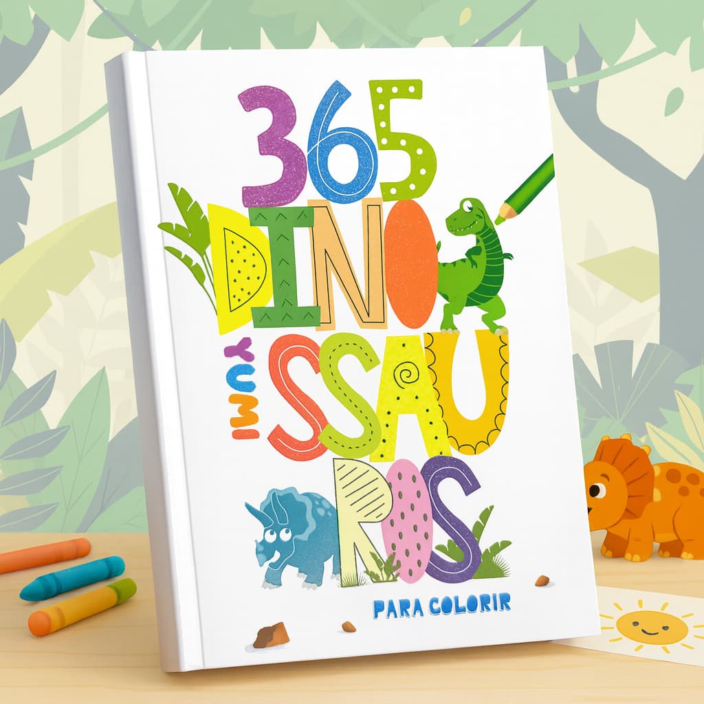 Livro Infantil 365 Dinossauros Para Colorir Livro De Pintura Desenhos Capa C/ Glitter Folhas Brancas Premium