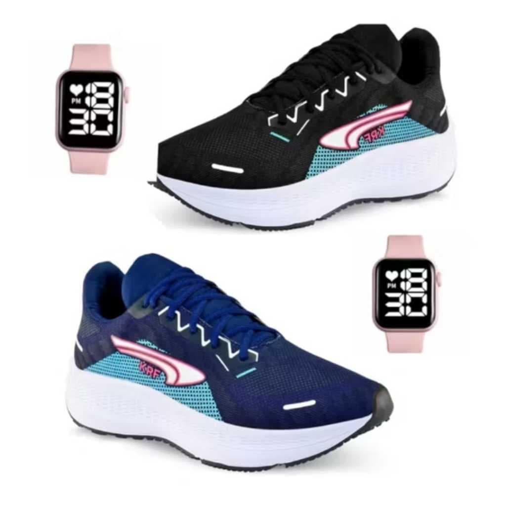 2 TÊNIS FEMININO KRF +2 RELÓGIOS DIGITAIS TREINO ACADEMIA CAMINHADA ESPORTIVO FITNESS KIT FEMININO ENVIO IMEDIATO