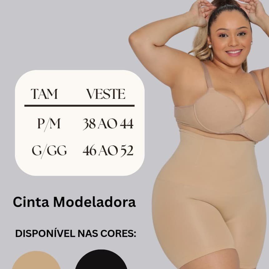 Short Cinta Modeladora Alta Compressão Aperta Barriga 4Barbatanas Não Enrola EMPINA BUMBUM PLUS SIZE