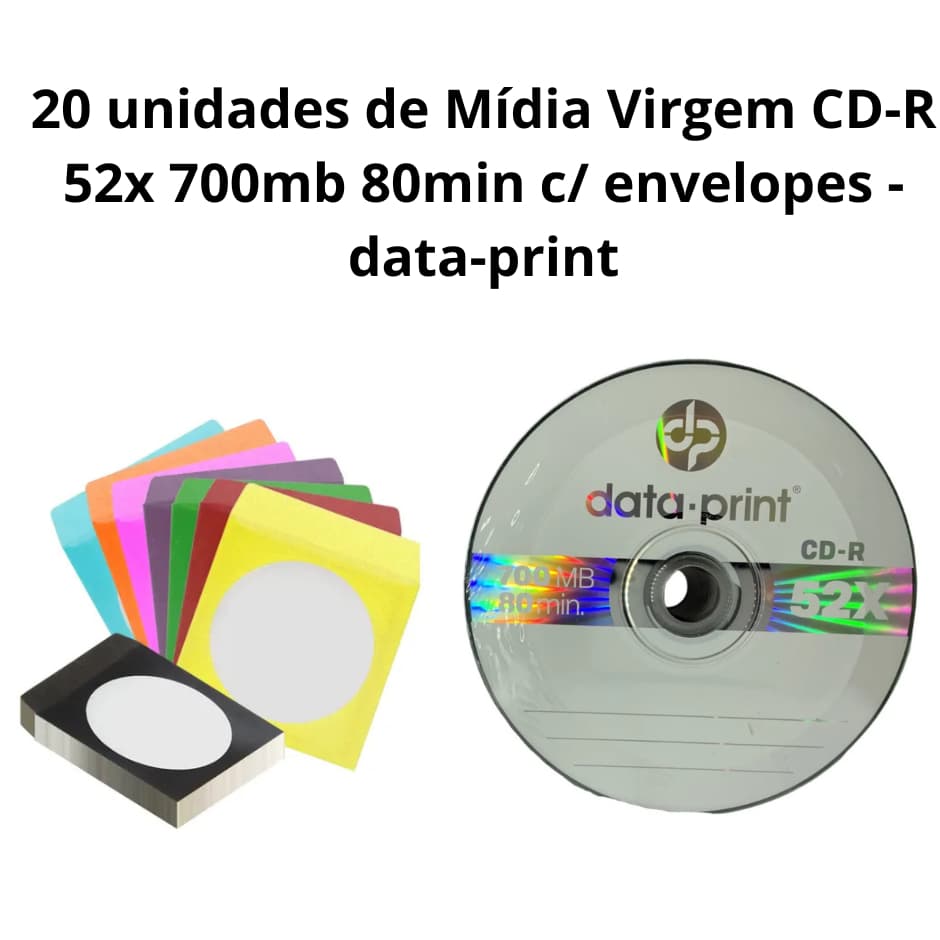 20 unidades de Mídia Virgem CD-R 52x 700mb 80min c/ envelopes - data-print C/ Envelopes