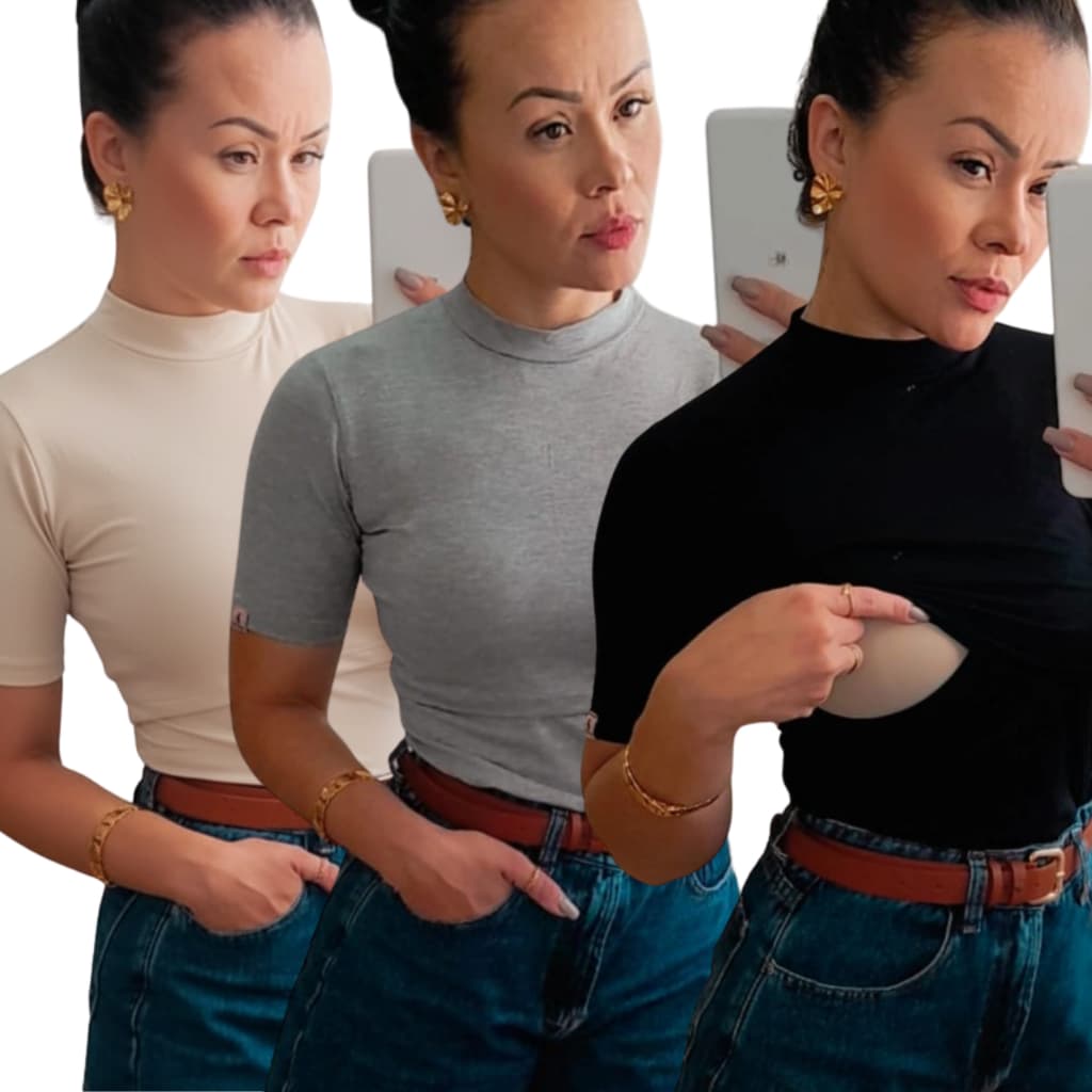 Kit 3 Blusas Manga Curta De Amamentação