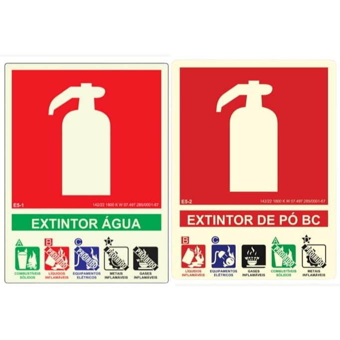 Placa De Sinalização Extintor Água E Pó Químico Bc 20x15cm Kit 2 Placas norma NBR 13434 PVC