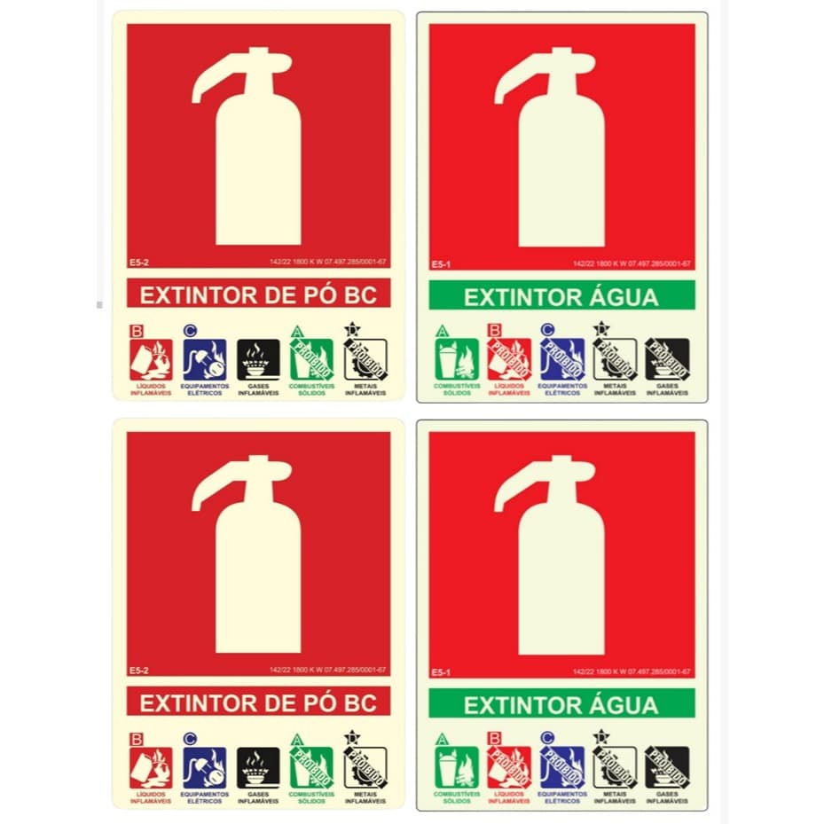 kit 4 Placas De Sinalização Extintor Água E Pó Químico Bc -s (2 agua 2 Pó quimico BC) NBR 13434 PVC