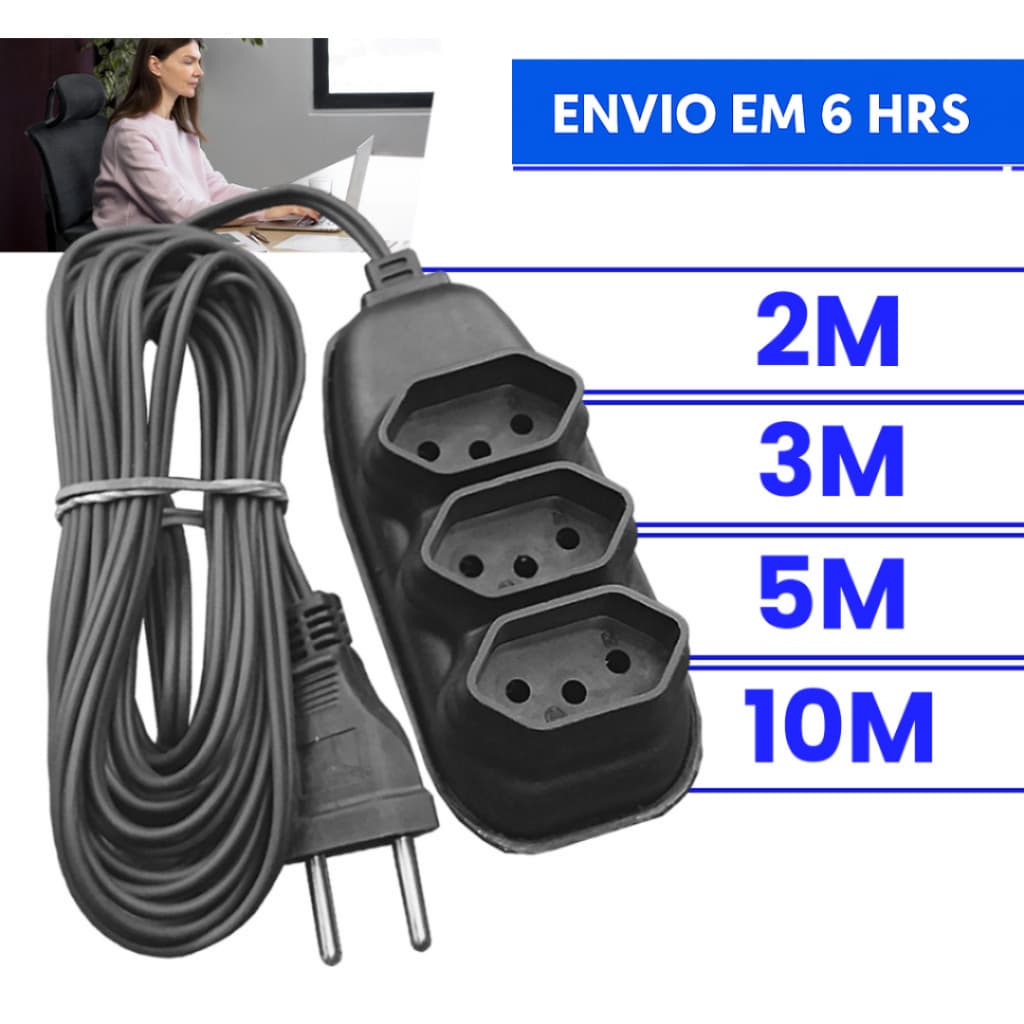 Extensão Elétrica 10 Metros - Bivolt 110/220 10A Tomada Tripolares Preta Resistente