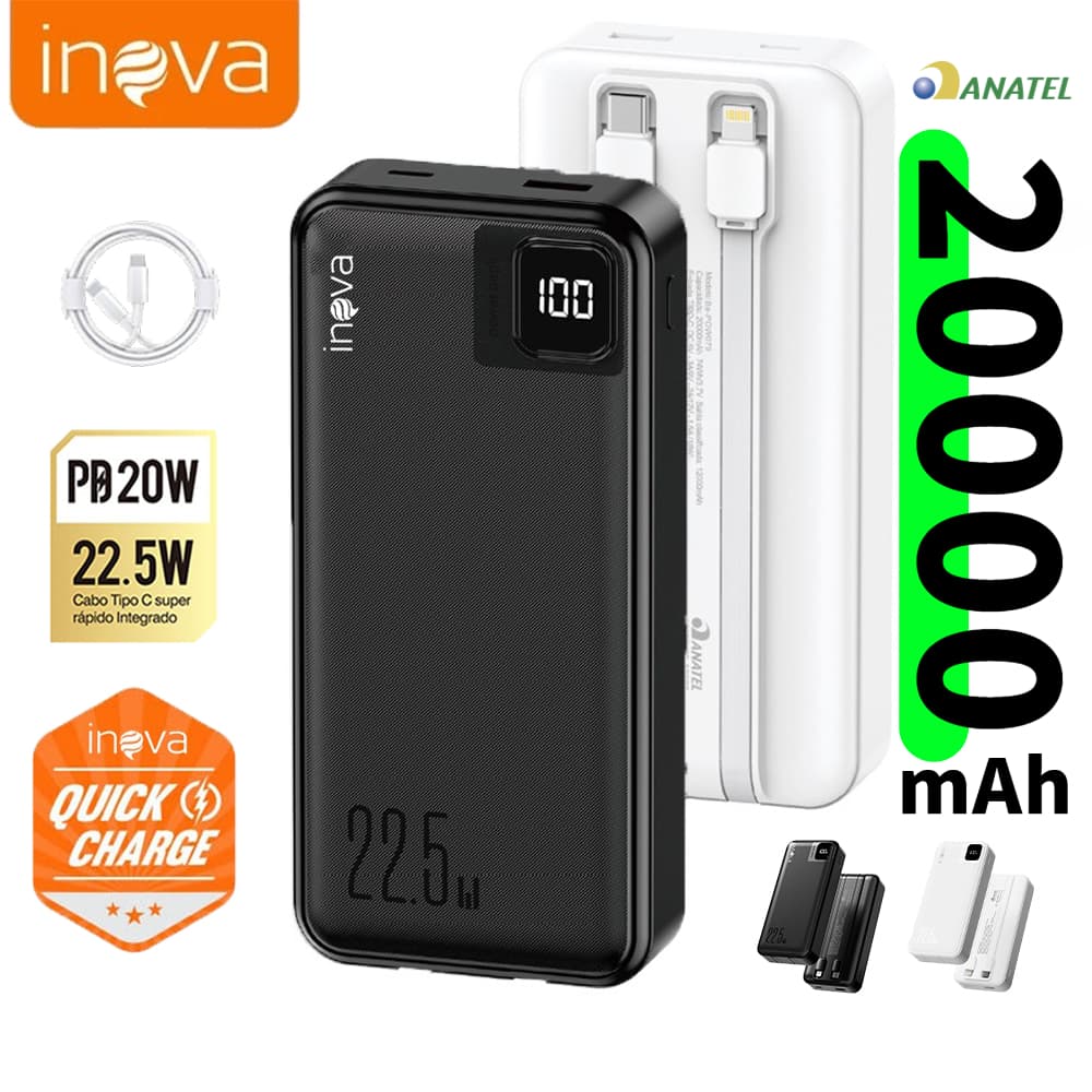 Inova Carregador Portátil Power Bank Grande 20000mah/10000mAh Turbo 22.5W PD Rápido Com Display Portátil