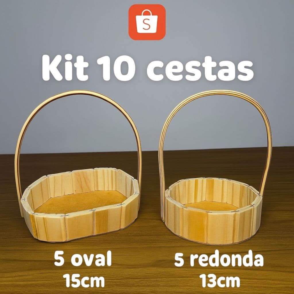 Kit 10 Cestas de Madeira 5 Oval e 5 Redonda com Alça para Presente Natal Cesta Cosmetico