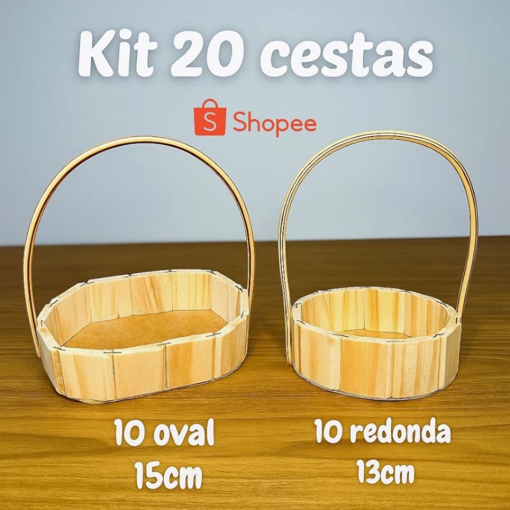 Kit 20 Cestas Fraldeira Pinus 10 oval e 10 Redonda Com Alça Lembrancinha