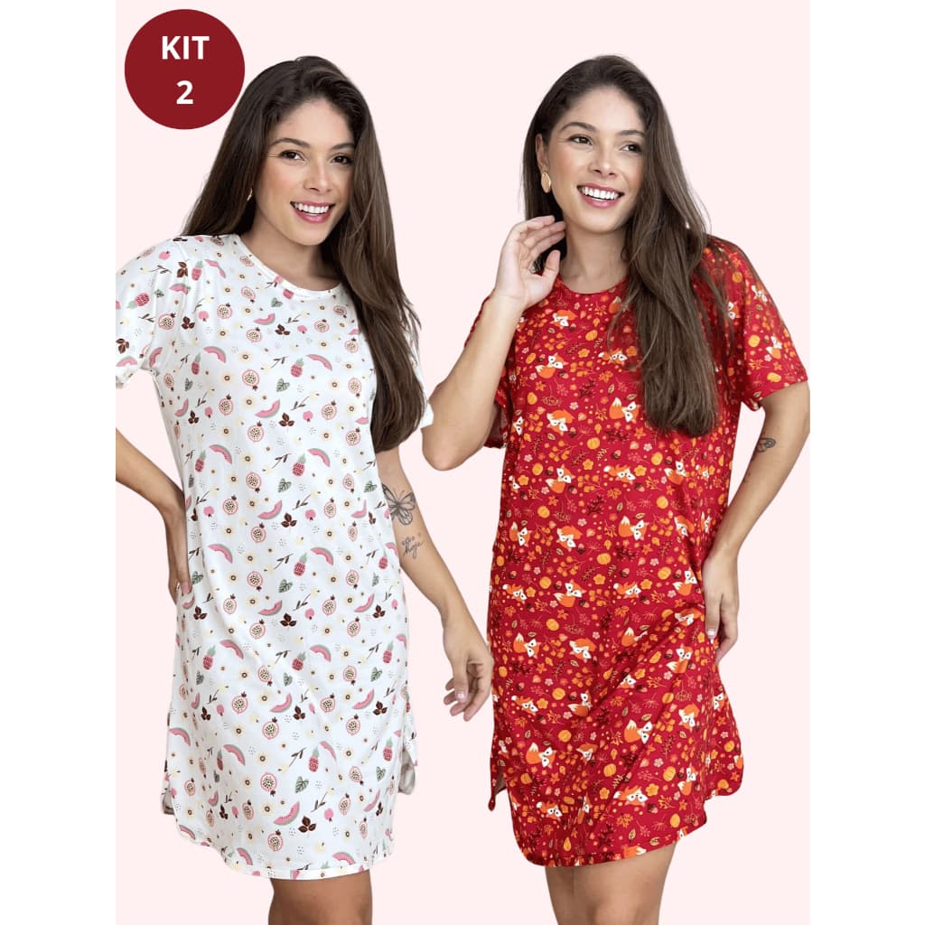 KIT C/ 2 Camisola Virginia Manga Curta Suede Noite Pijama Roupa Para Dormir Camisao