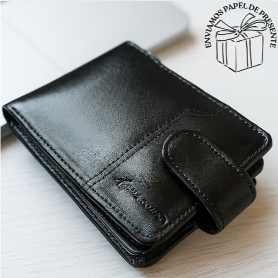 Carteira Masculina Couro Legítimo com Fecho, Porta Cartão e Moedas Cabe Rg, CNH