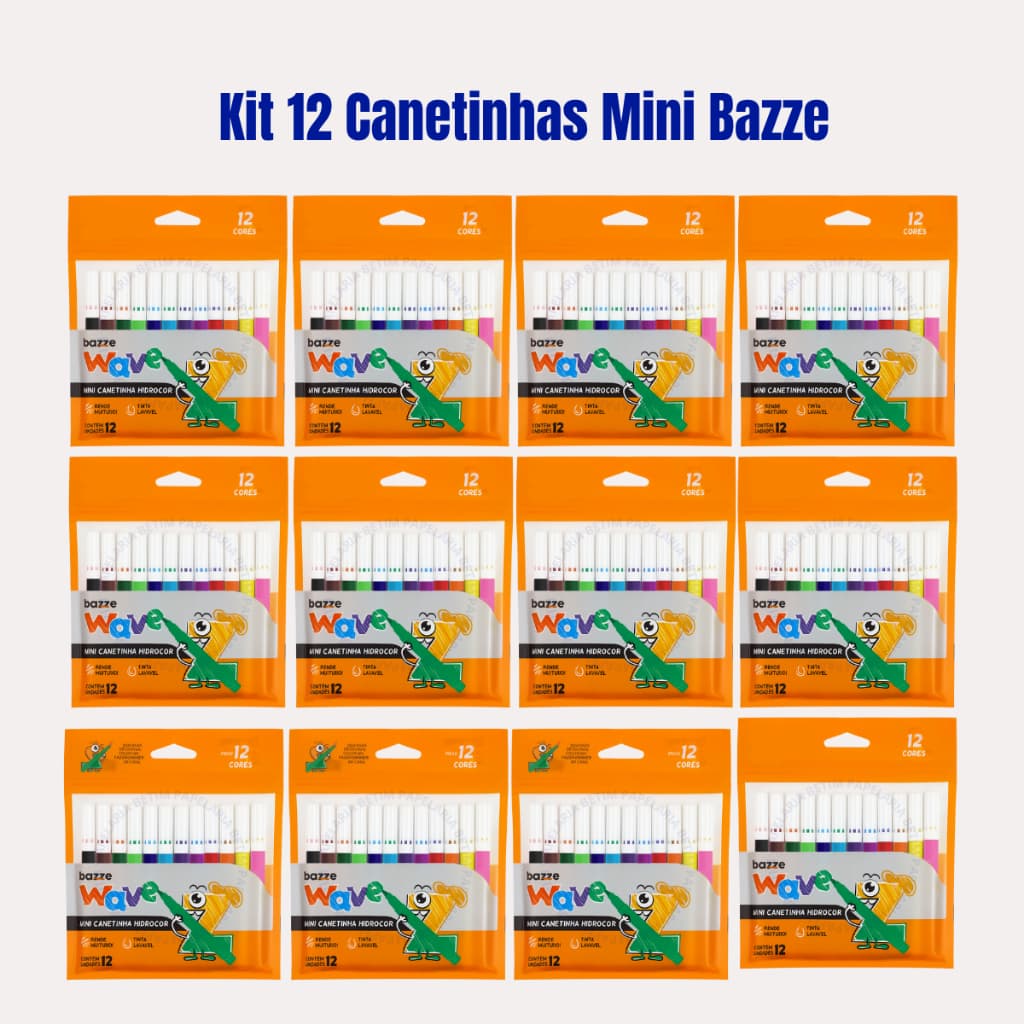 Kit 12 Canetinhas Hidrocores Mini Com 12 Cores Em Cada - Bazze