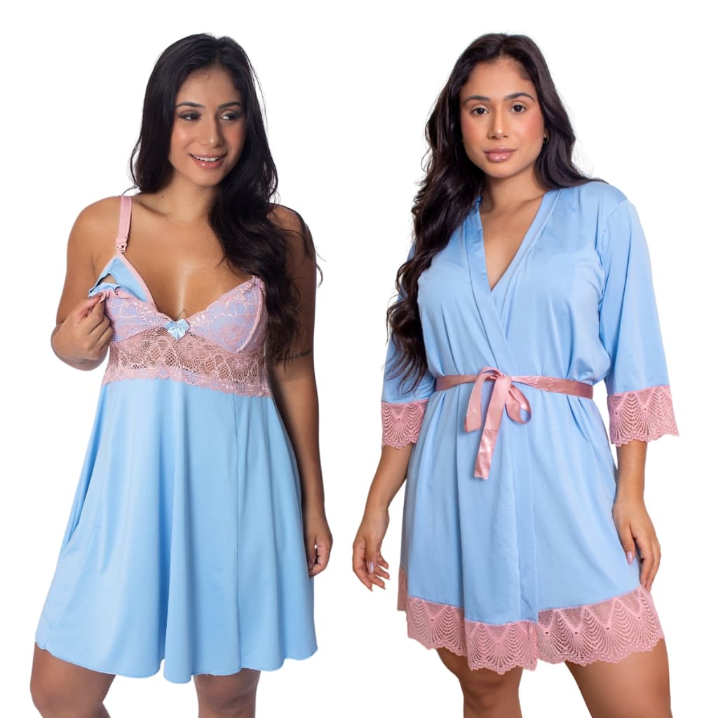 Kit Camisola Amamentação com Robe Renda Click | Maternidade Pós-Parto Gestante Saída Hospital