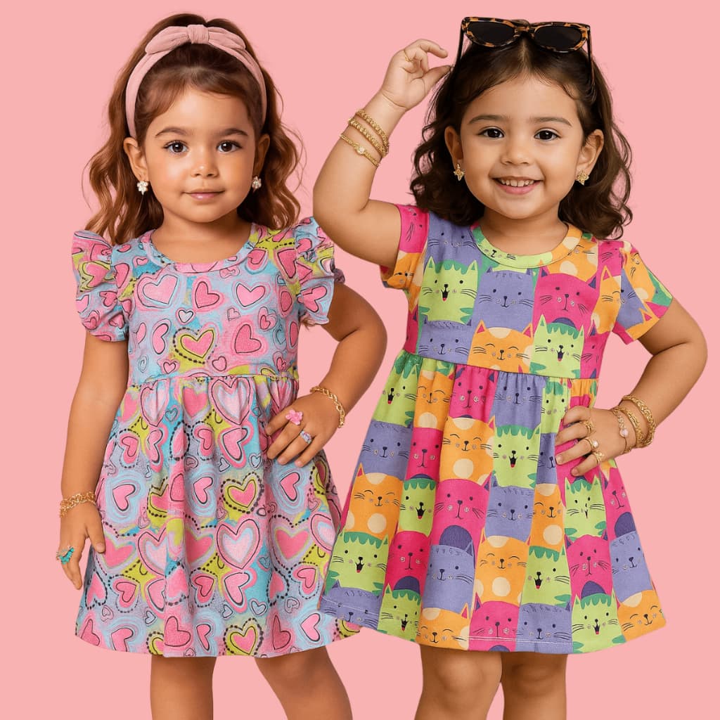 KIT vestido Infantil Menina | Estampado Coração e Gatinho |  Vestido Infantil Confortável do 1 ao 10
