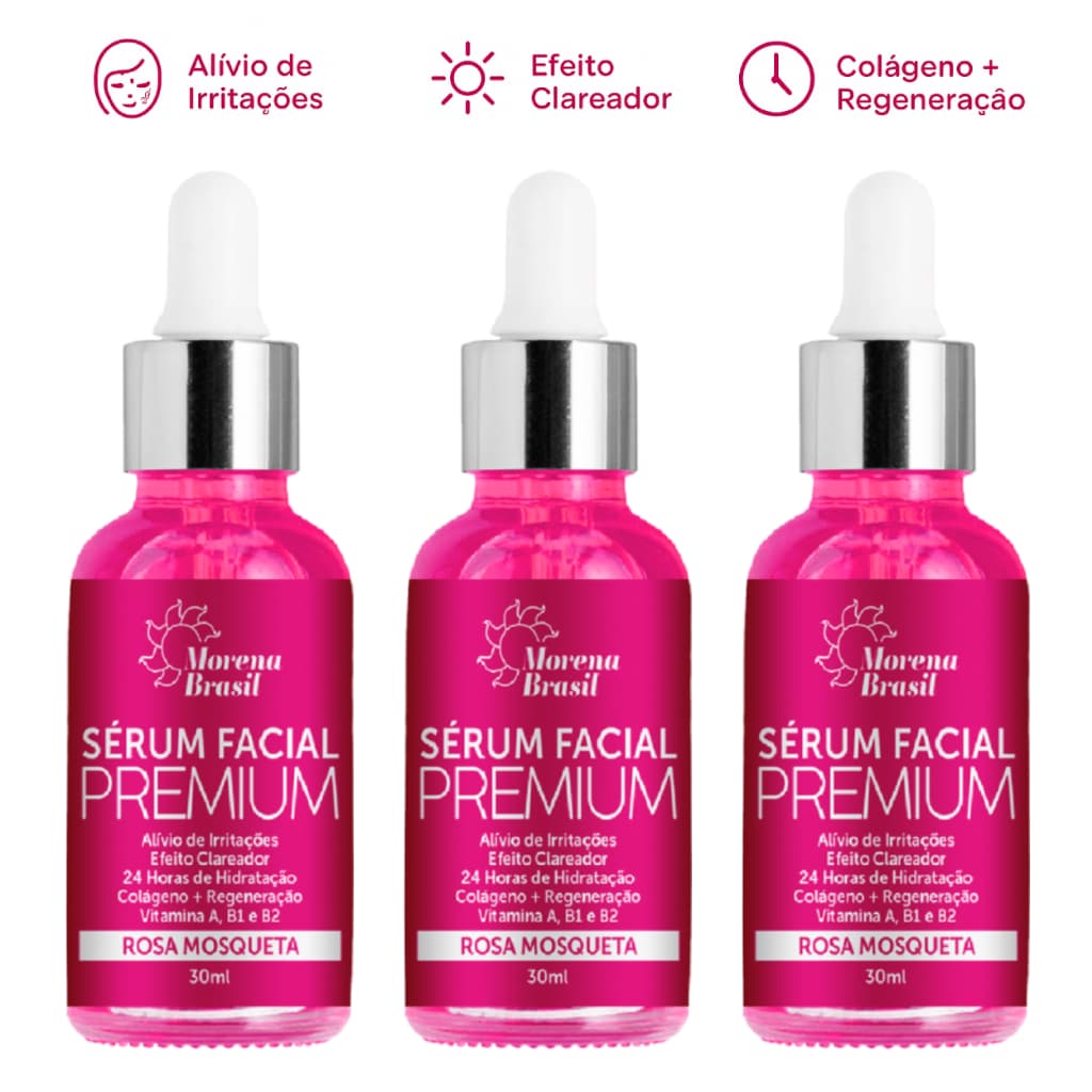 3 Sérum Rosa Mosqueta + 3% Ácido Hialurônico + Colágeno + Vitamina A, B1 e B2
