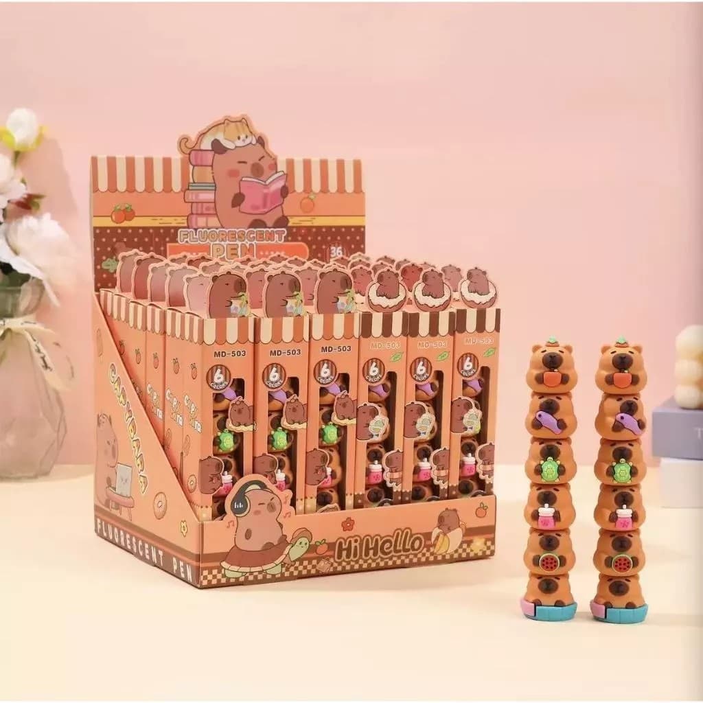 Caneta Mini Marca Texto Fofo Formado Capivara Com 6 CAPIVARAS E CINCO CORES MARCA TEXTO