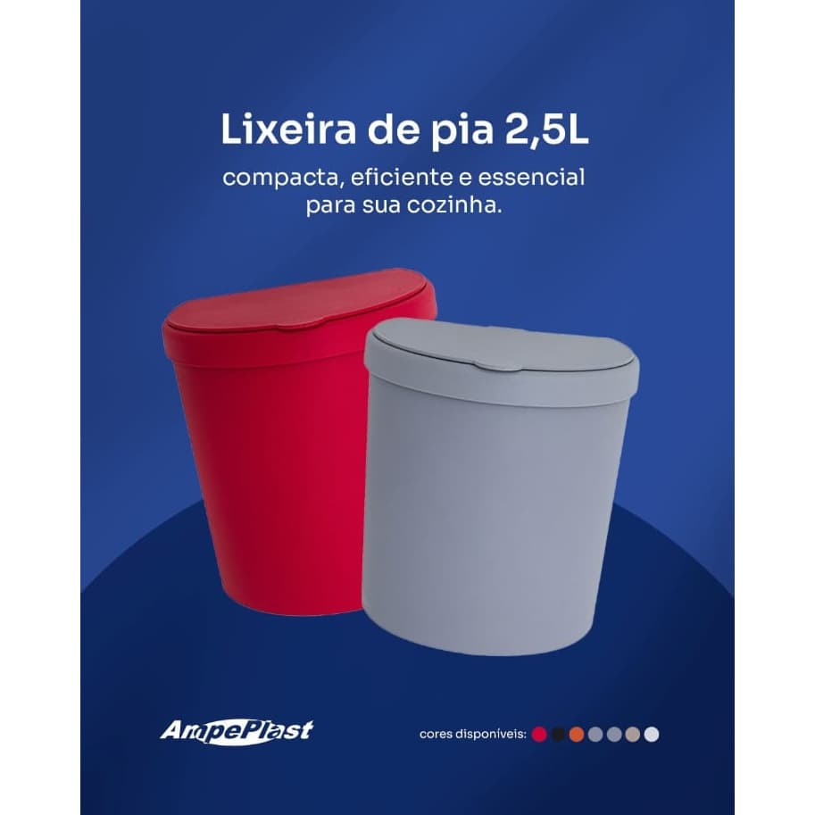Lixeira de Pia e Mesa 2,5 Litros Plástica Multiuso Para Cozinha Banheiro e Escritório AmpePlast