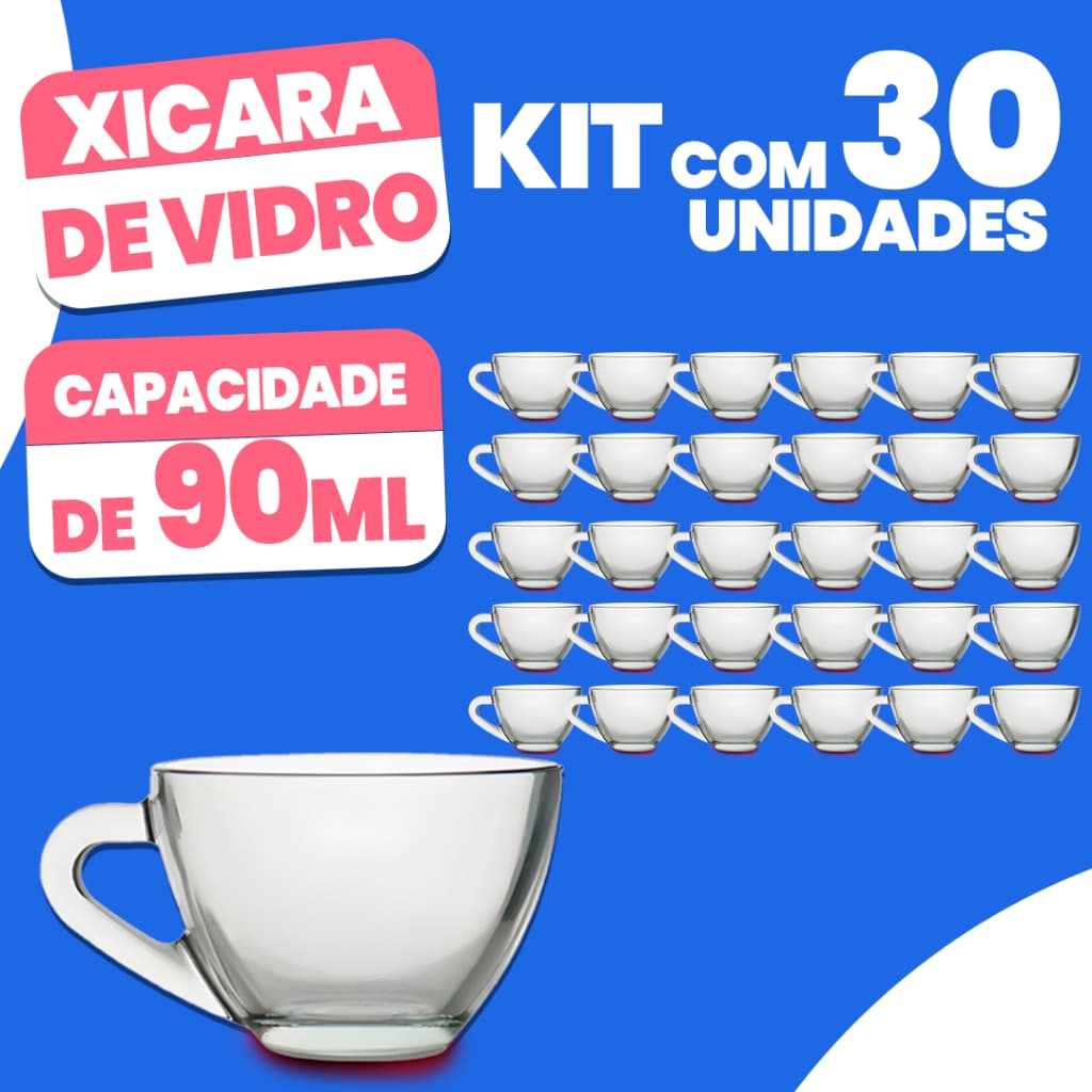 Kit 30 Xícaras de Vidro para Café Chá Leite 90ML Premium Resistente Elegante Funcional Conjunto