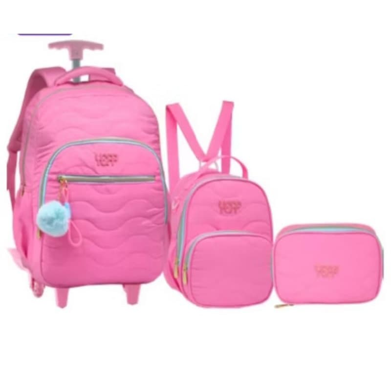 Kit Mochilete 18" Escolar Juvenil Com Chaveiro Pompom 2 Rodas Feminina Com Lancheira e Estojo Box.