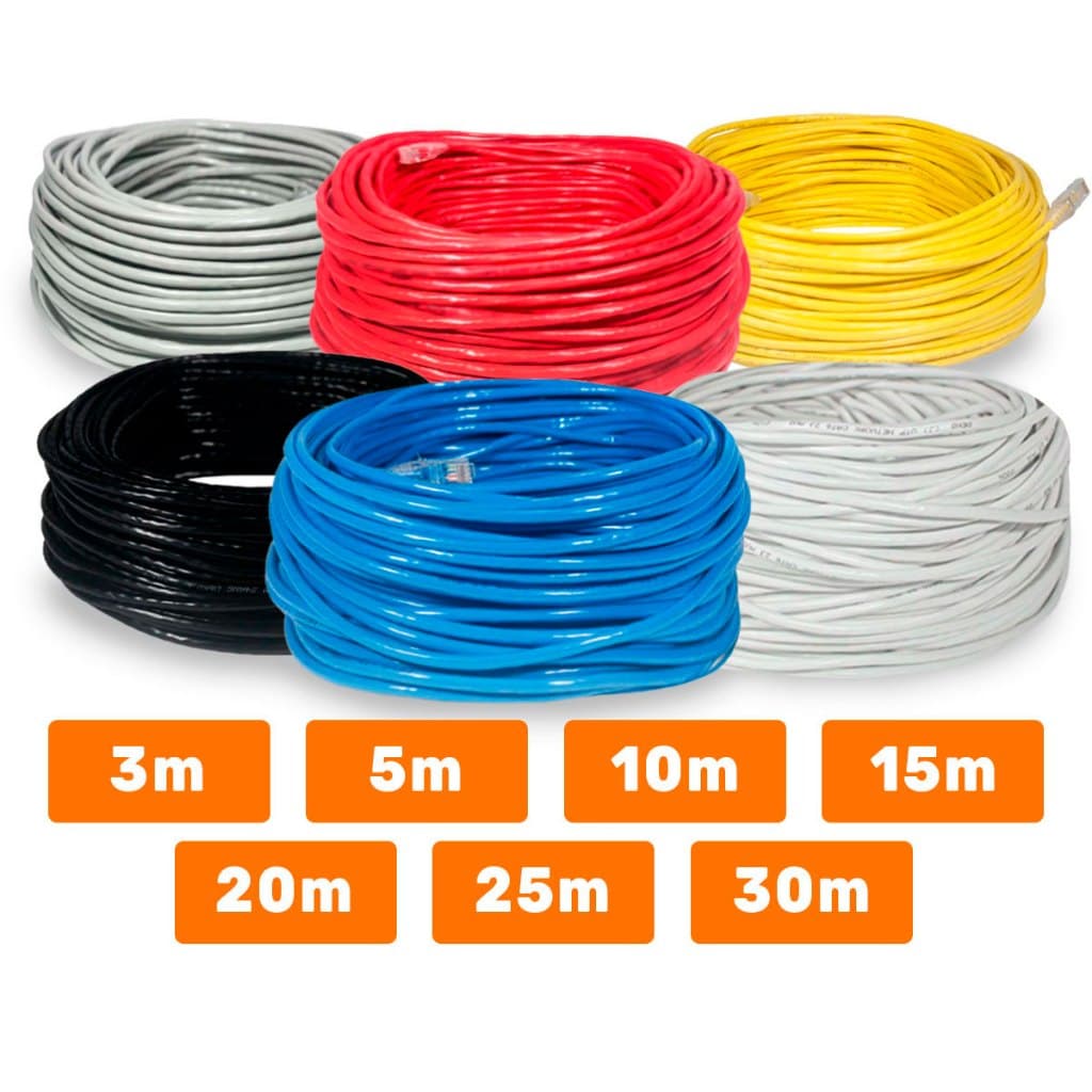 Cabo de Rede Cat6 Cat5e Azul Branco Preto Cinza Amarelo Vermelho Crimpado 3m 5m 10m 15m 20m 25m 30m