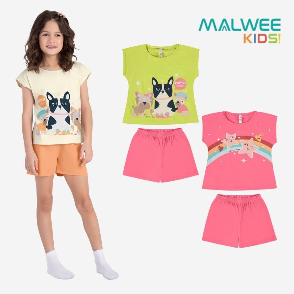 PIJAMA CURTO MENINA INFANTIL ESTAMPA FRIENDS ALGODÃO BRILHA NO ESCURO MALWEE KIDS